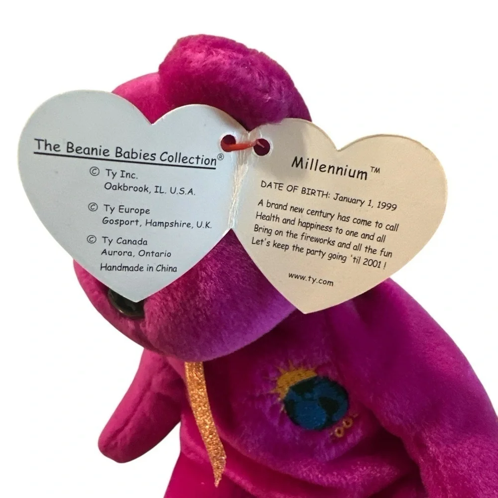 Ty Beanie Baby Millennium Bear January 1st 1999 Magenta Gold Ribbon Rare